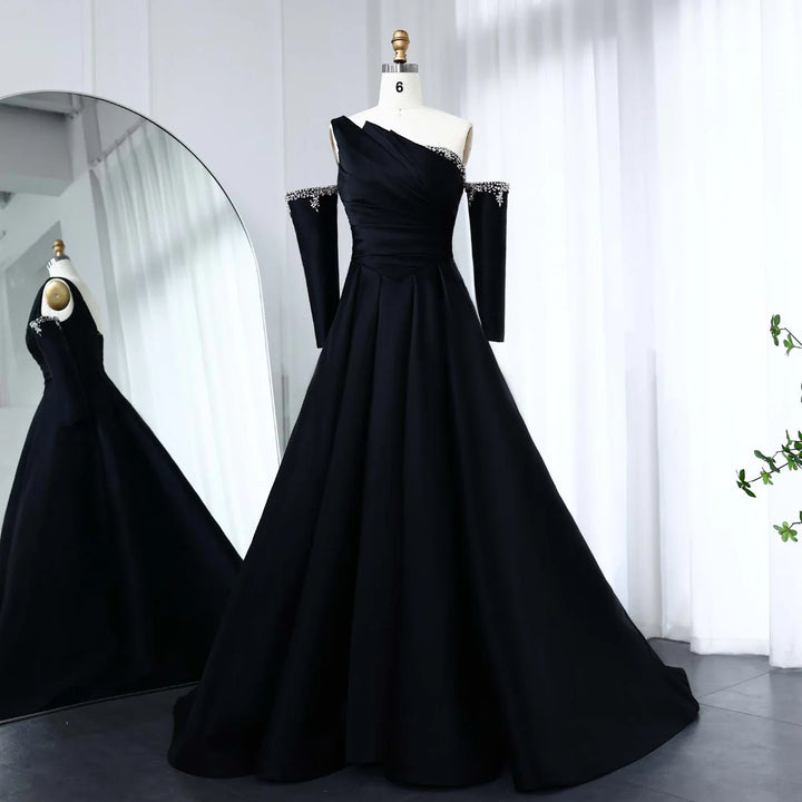 Elegant Black Satin Crystal One Shoulder Evening Dress SF272