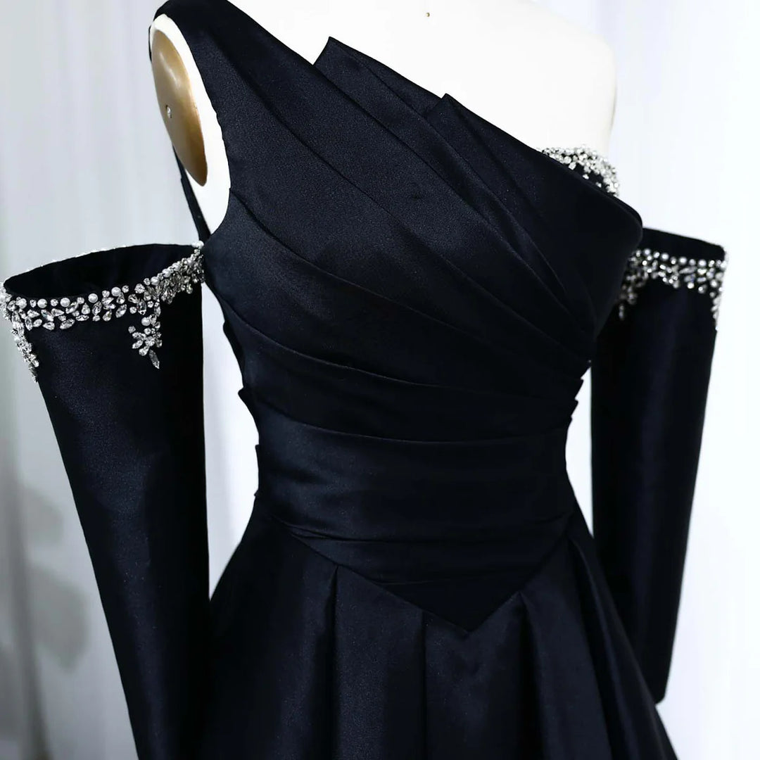 Elegant Black Satin Crystal One Shoulder Evening Dress SF272