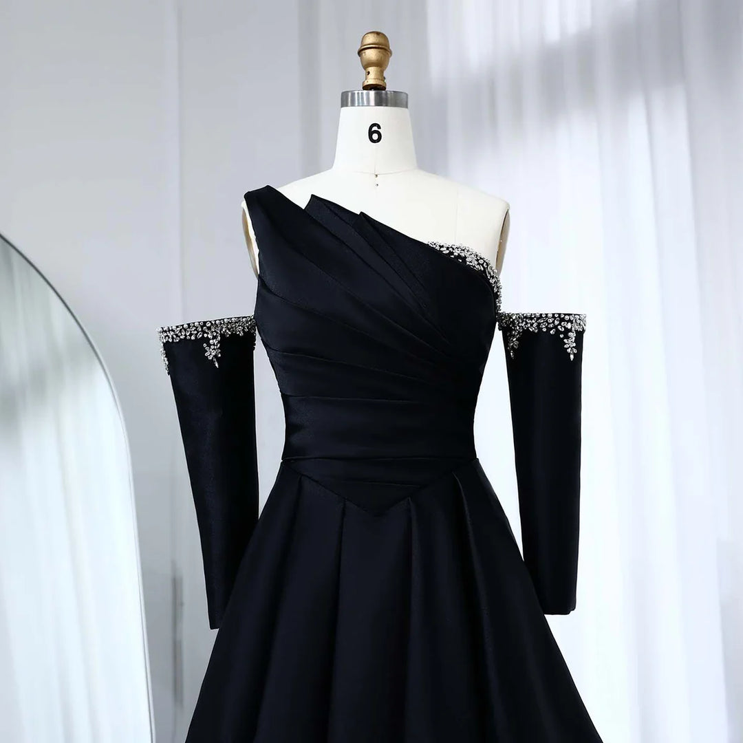 Elegant Black Satin Crystal One Shoulder Evening Dress SF272