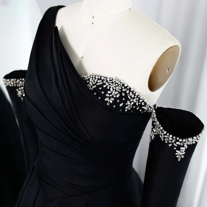 Elegant Black Satin Crystal One Shoulder Evening Dress SF272