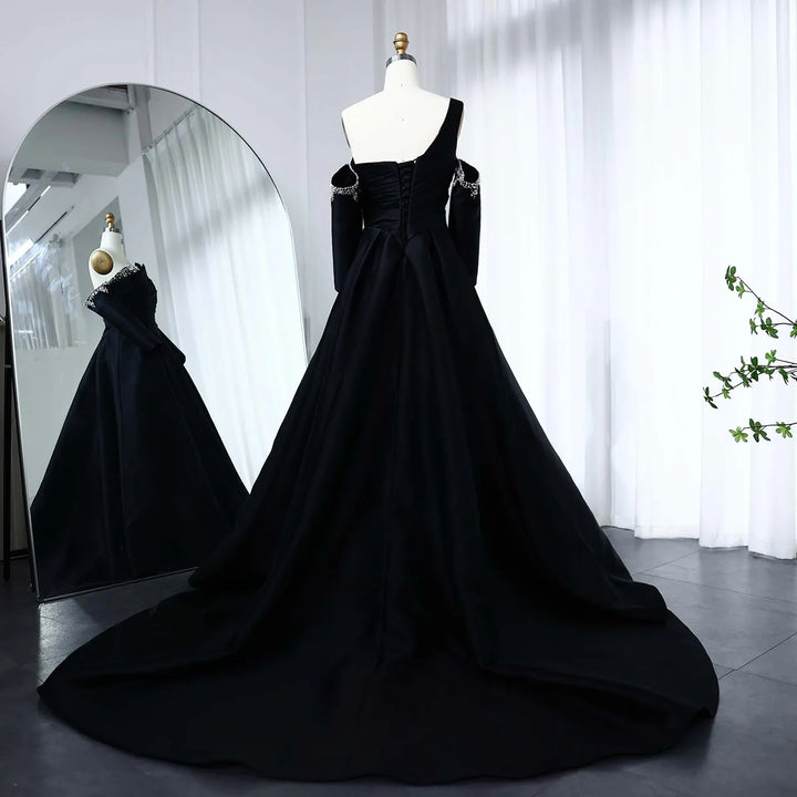 Elegant Black Satin Crystal One Shoulder Evening Dress SF272