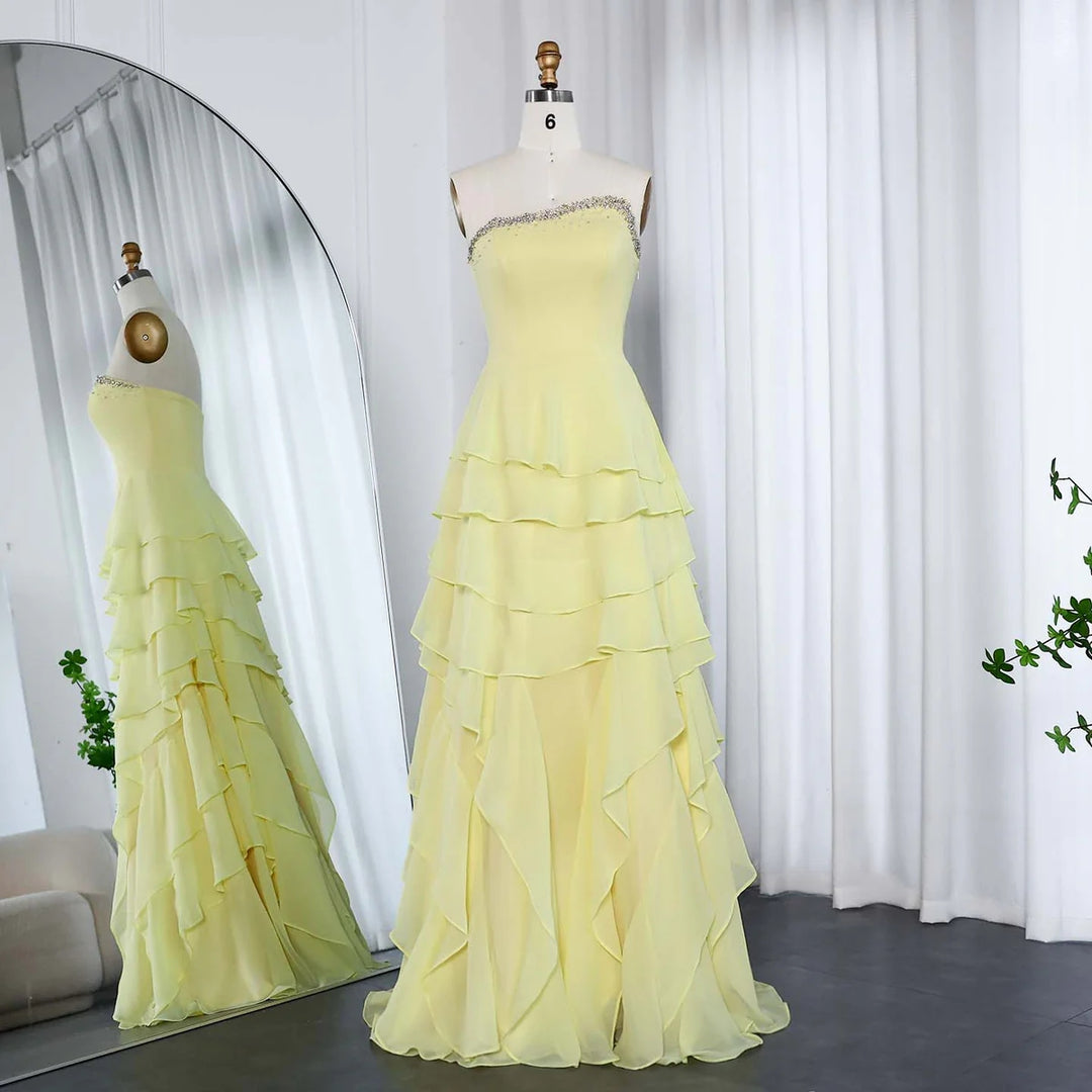 Dreamy Vow Elegant Yellow Strapless Ruffles Evening Dress SF256