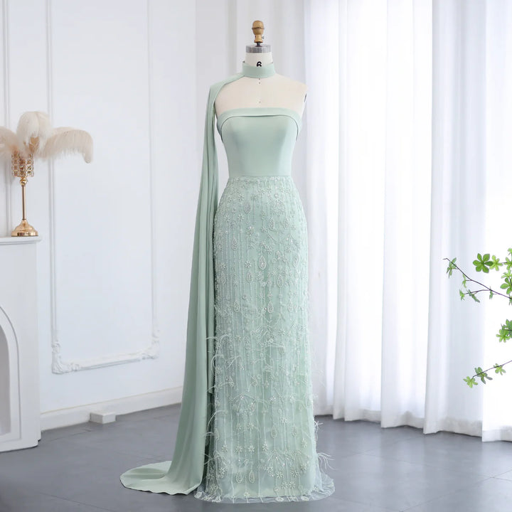 Dreamy Vow Luxury Sage Green Feathers Evening Dress with Scarf Cape SS014