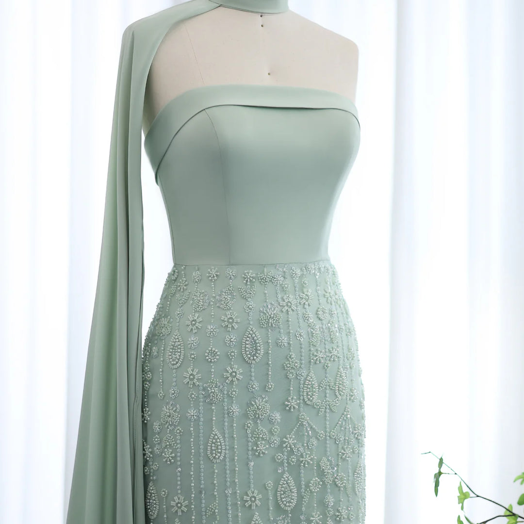 Dreamy Vow Luxury Sage Green Feathers Evening Dress with Scarf Cape SS014