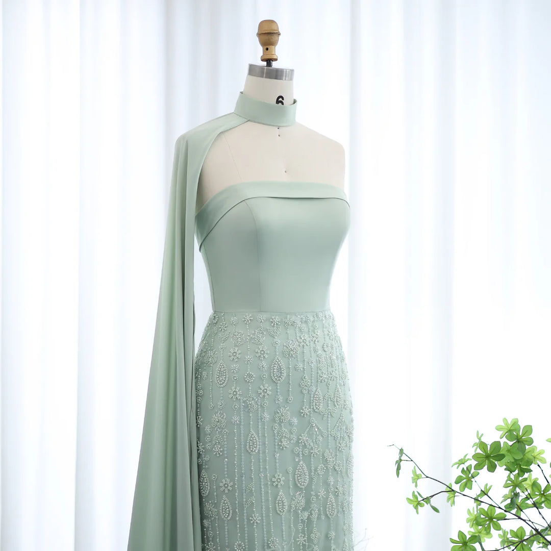 Dreamy Vow Luxury Sage Green Feathers Evening Dress with Scarf Cape SS014