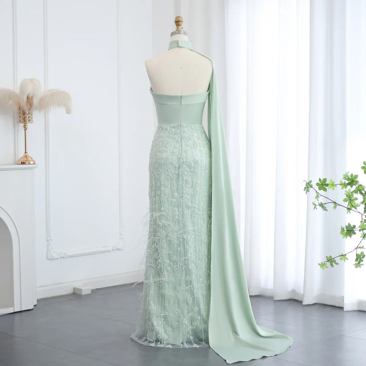 Dreamy Vow Luxury Sage Green Feathers Evening Dress with Scarf Cape SS014