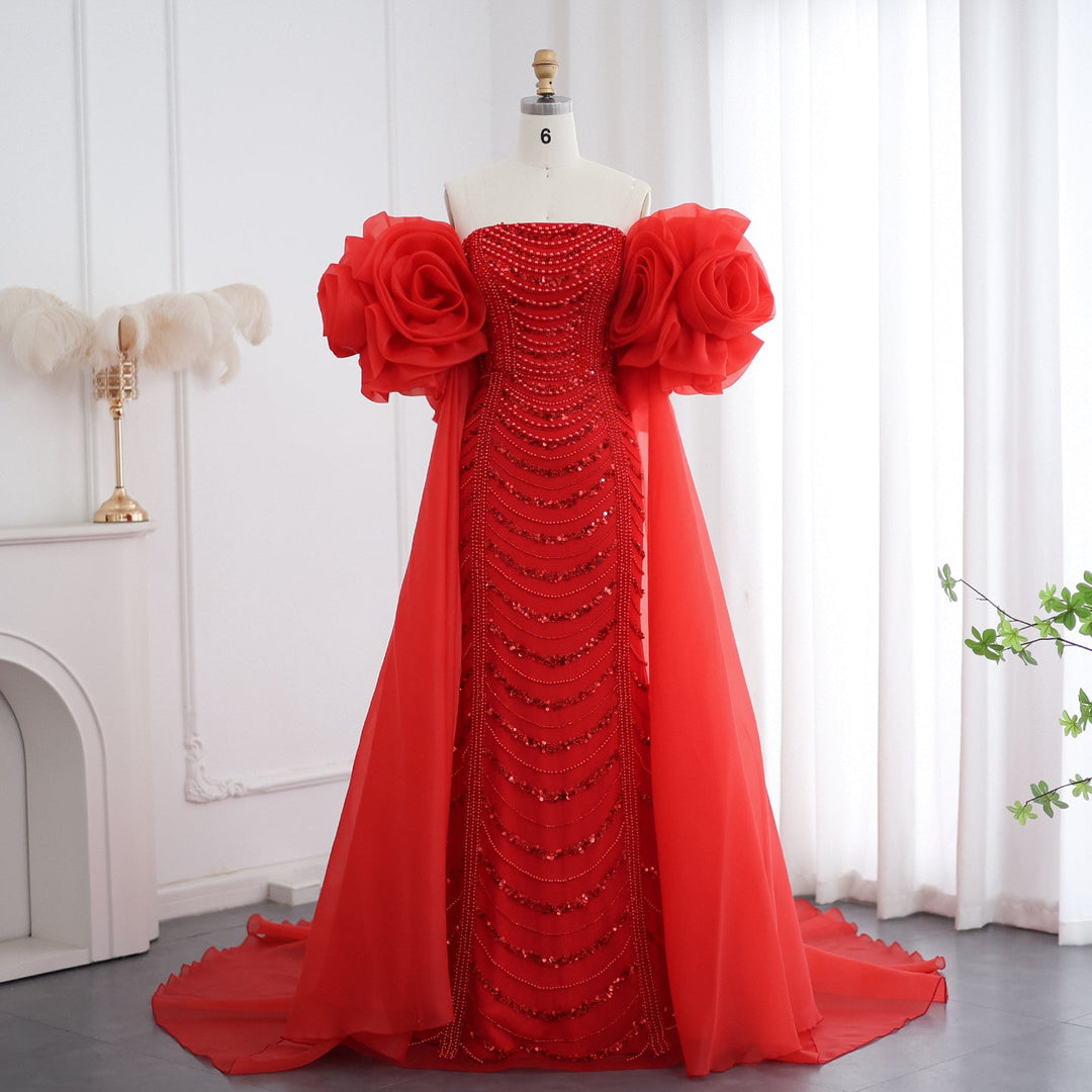 Dreamy Vow Luxury Pearl Red Evening Dress with 3D Flowers Cape SS585