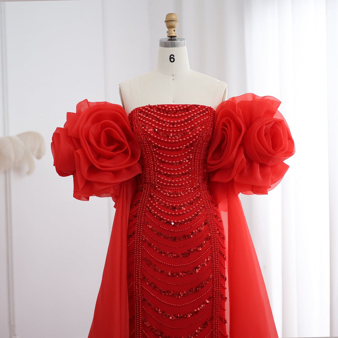 Dreamy Vow Luxury Pearl Red Evening Dress with 3D Flowers Cape SS585