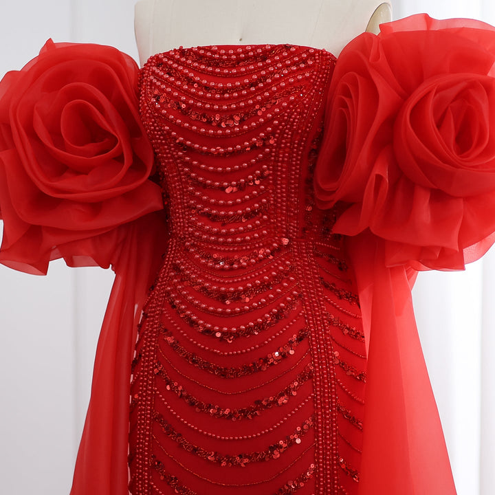 Dreamy Vow Luxury Pearl Red Evening Dress with 3D Flowers Cape SS585