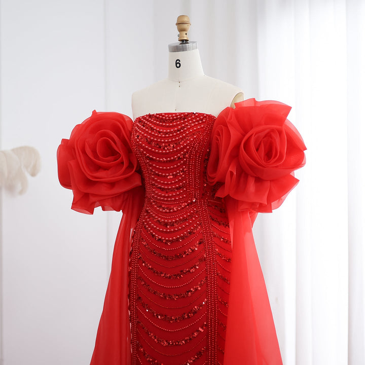 Dreamy Vow Luxury Pearl Red Evening Dress with 3D Flowers Cape SS585