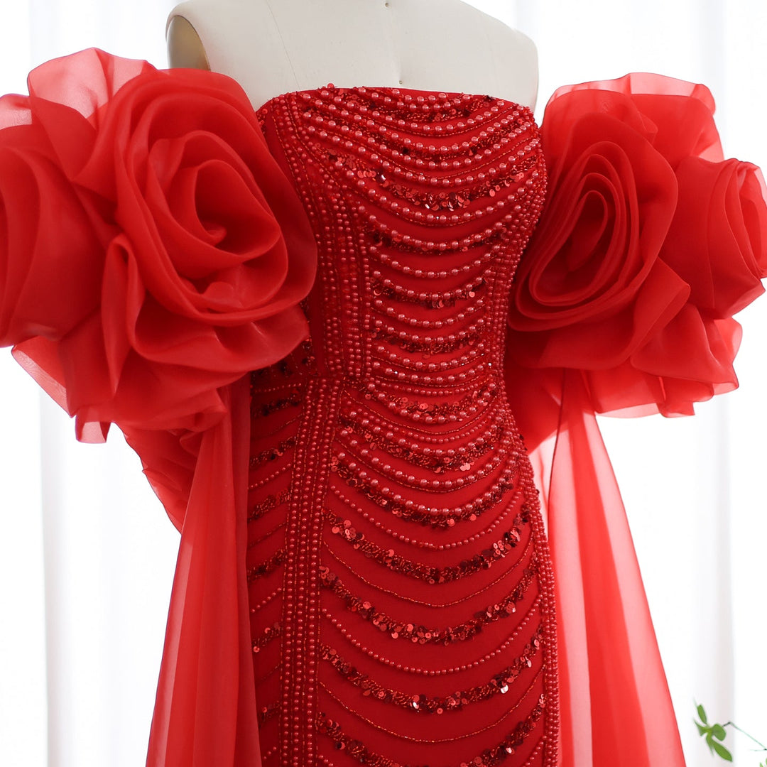 Dreamy Vow Luxury Pearl Red Evening Dress with 3D Flowers Cape SS585