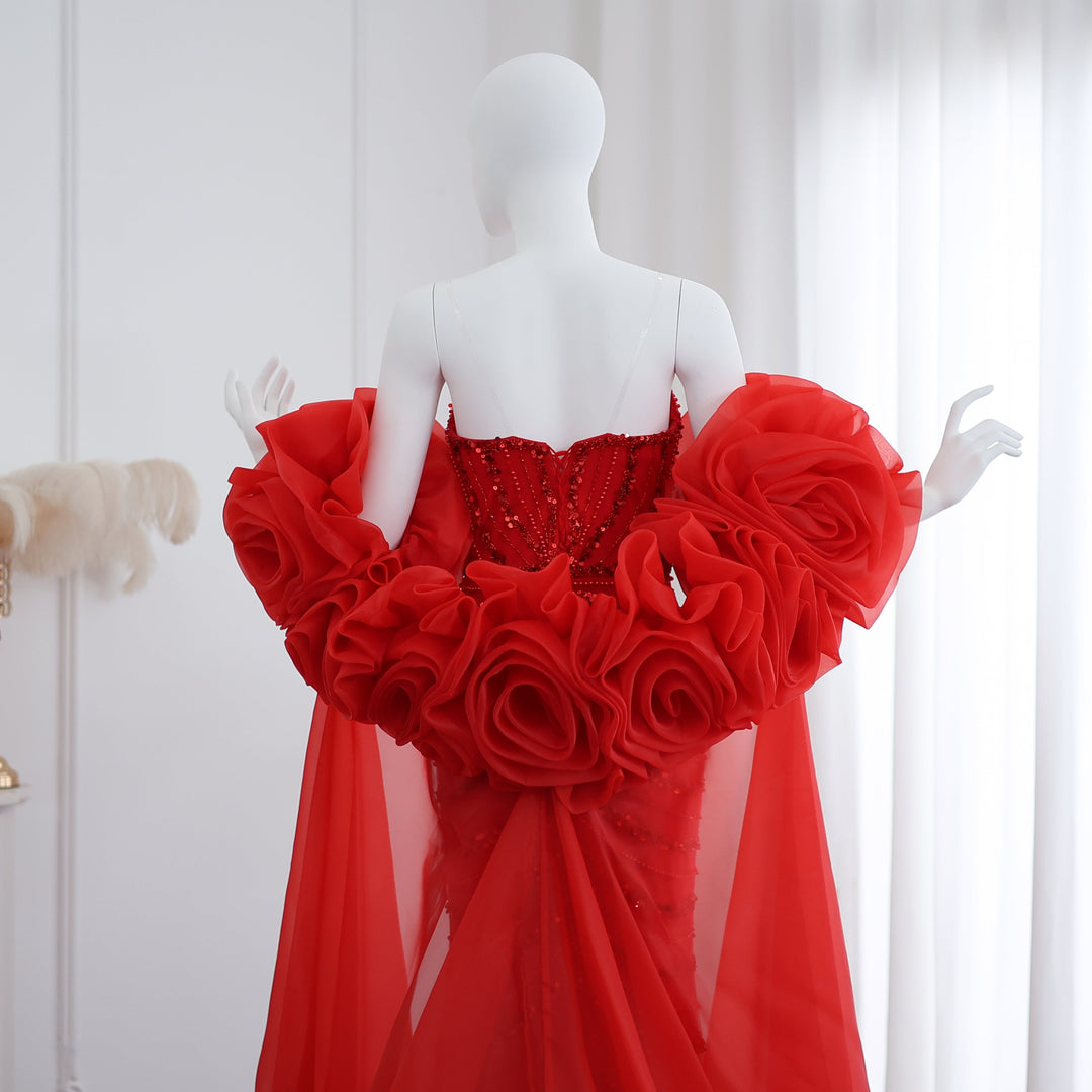 Dreamy Vow Luxury Pearl Red Evening Dress with 3D Flowers Cape SS585