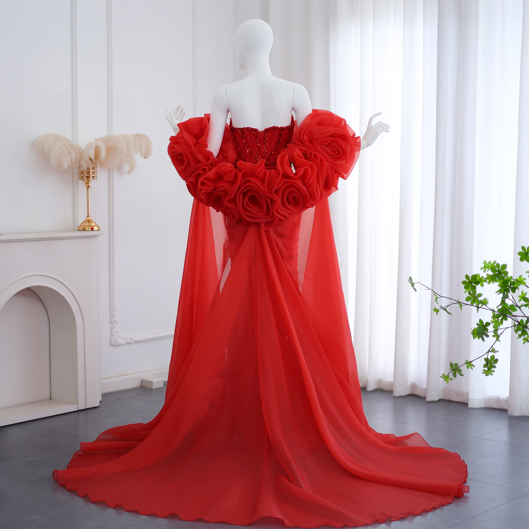 Dreamy Vow Luxury Pearl Red Evening Dress with 3D Flowers Cape SS585