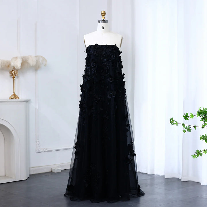 Luxury 3D Flowers Black Strapless Evening Dress SS542