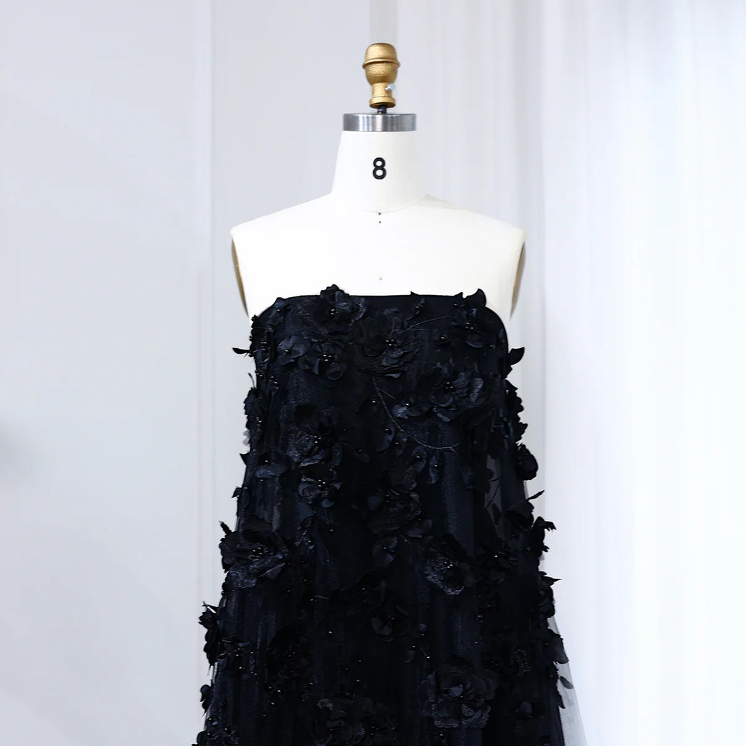 Luxury 3D Flowers Black Strapless Evening Dress SS542