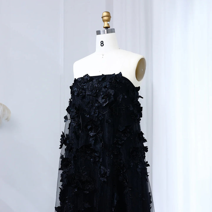 Luxury 3D Flowers Black Strapless Evening Dress SS542