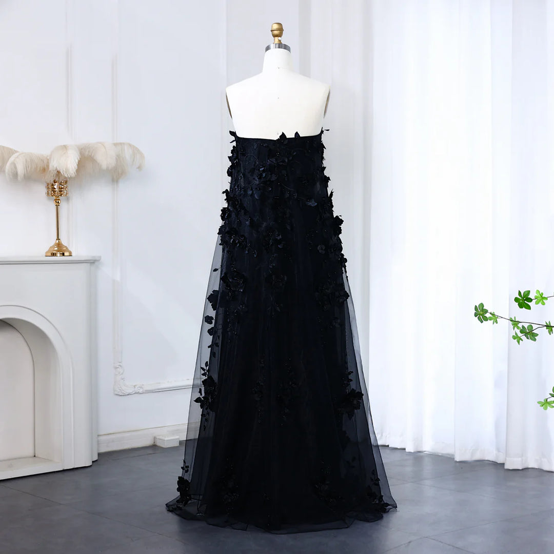 Luxury 3D Flowers Black Strapless Evening Dress SS542