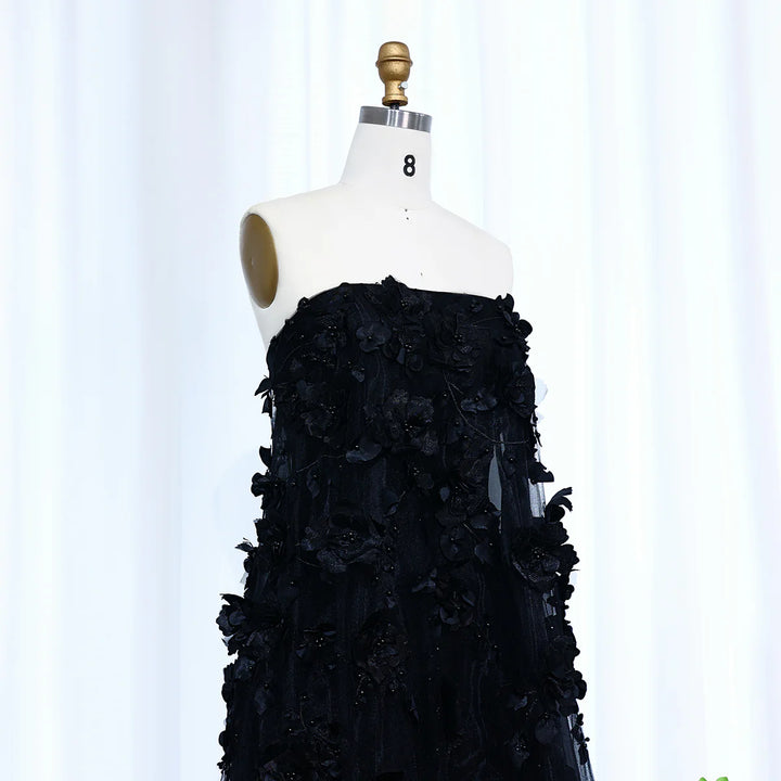 Luxury 3D Flowers Black Strapless Evening Dress SS542