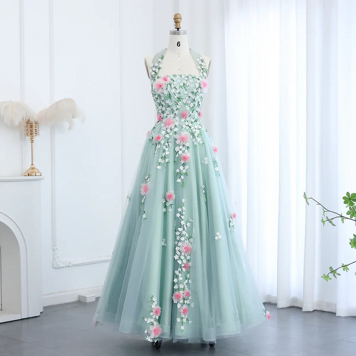 Arab Chic 3D Flowers Halter Aqua Evening Dress SS219