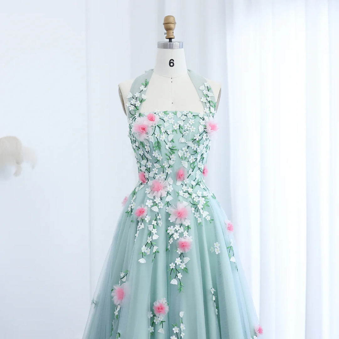 Arab Chic 3D Flowers Halter Aqua Evening Dress SS219