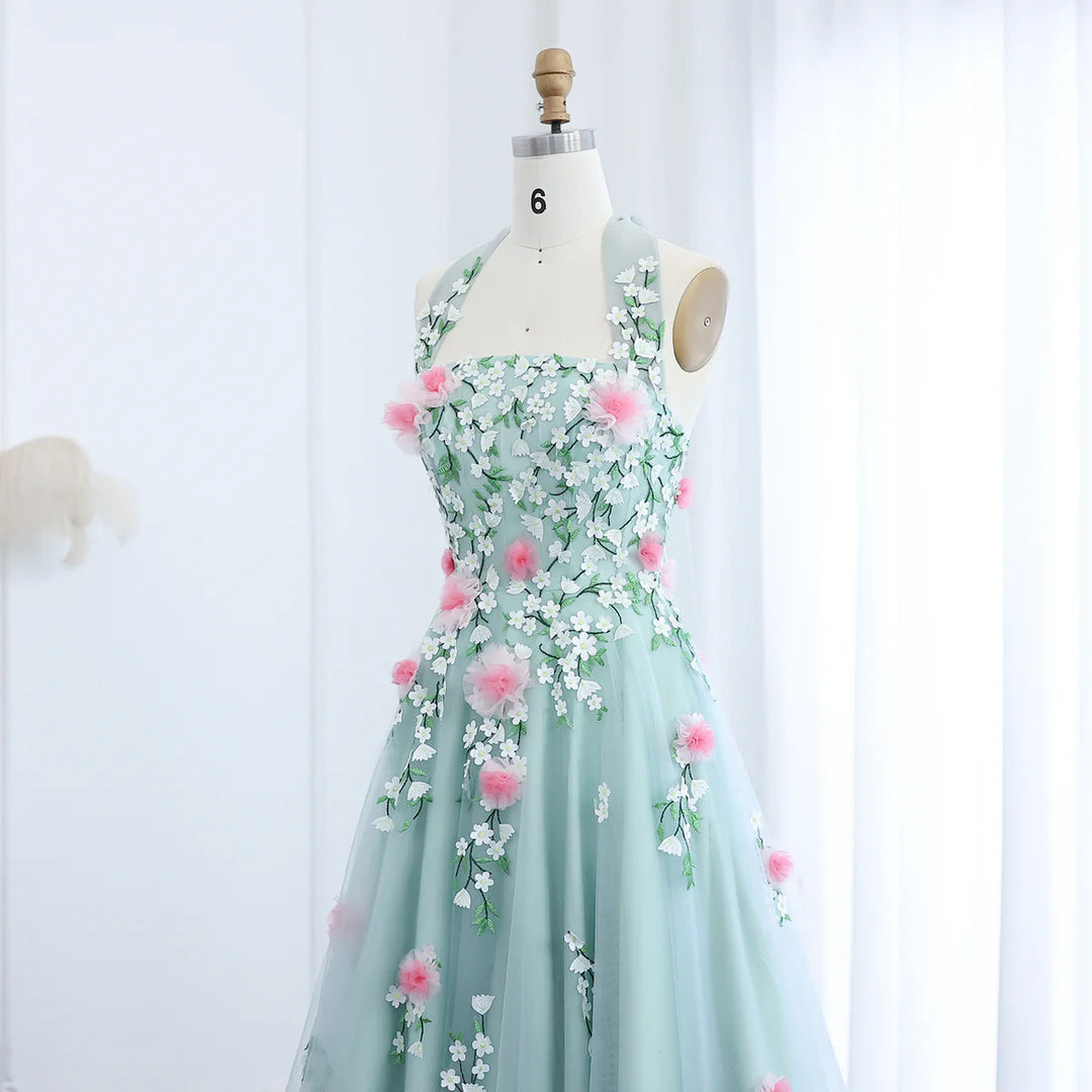 Arab Chic 3D Flowers Halter Aqua Evening Dress SS219