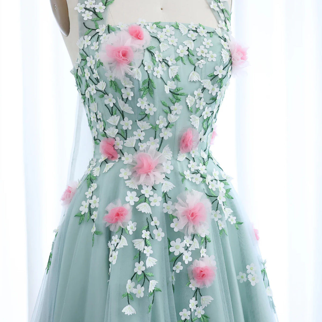 Arab Chic 3D Flowers Halter Aqua Evening Dress SS219