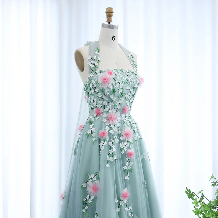 Arab Chic 3D Flowers Halter Aqua Evening Dress SS219