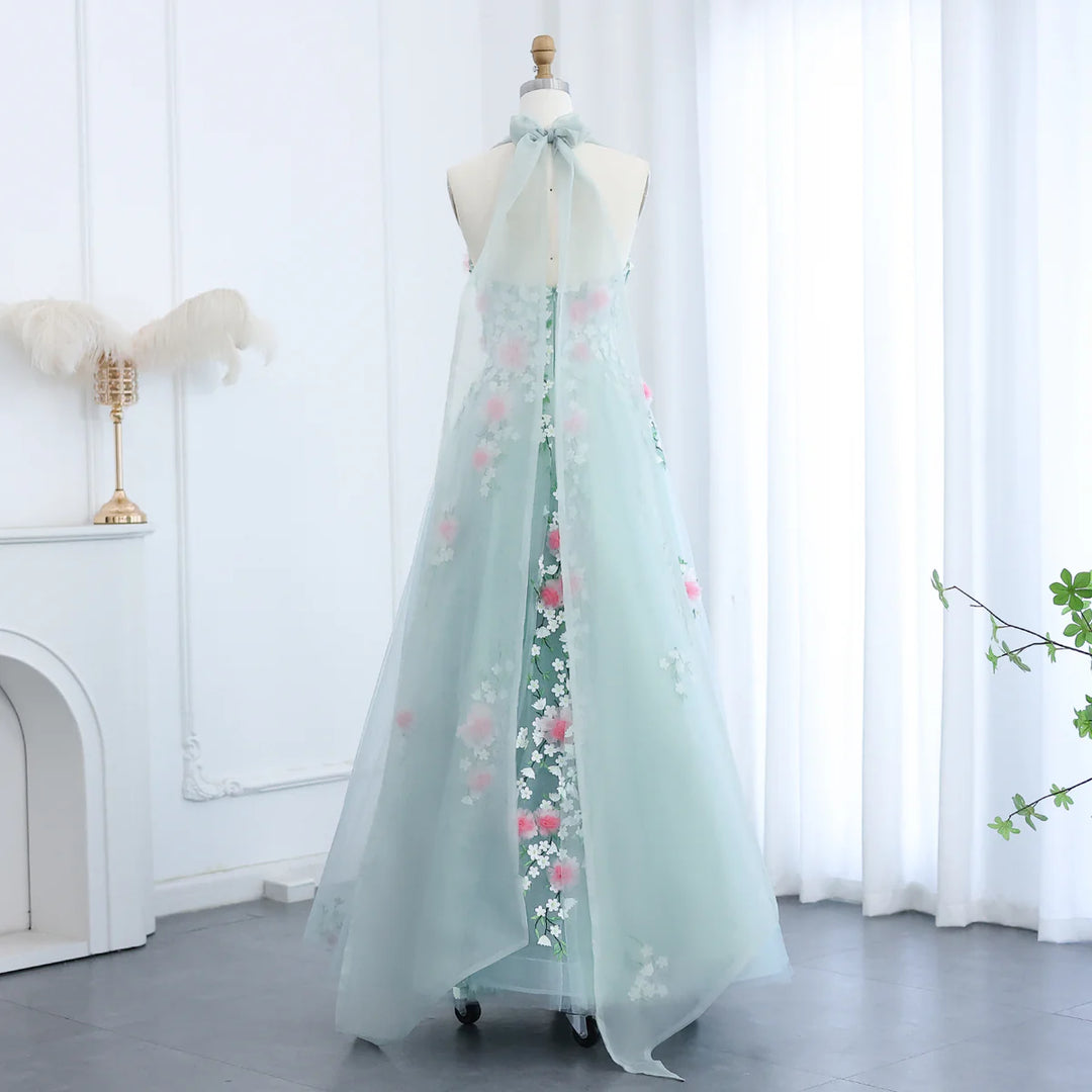 Arab Chic 3D Flowers Halter Aqua Evening Dress SS219