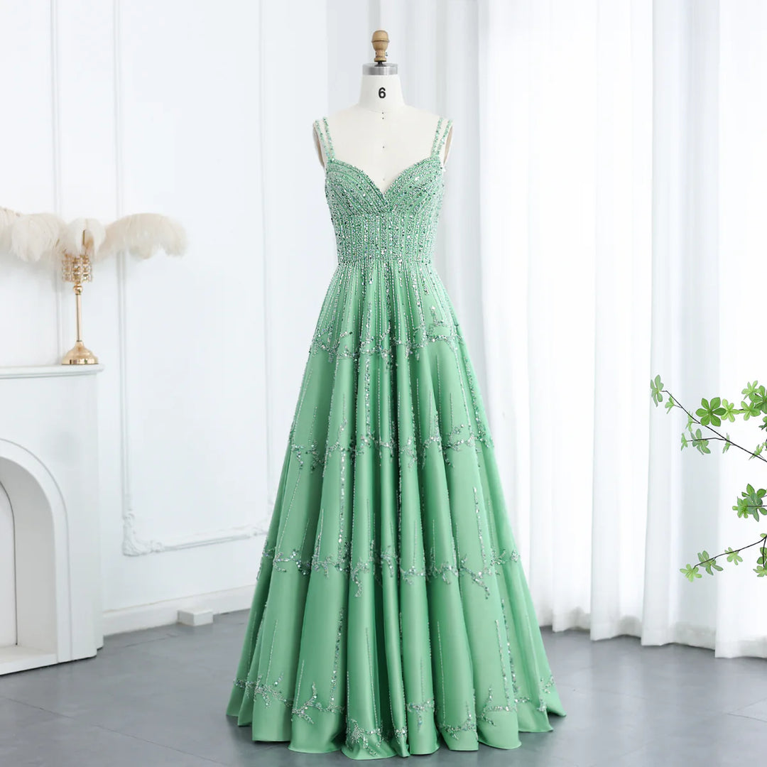 Dreamy Vow Luxury Beaded Dubai Green Evening Dresses with Spaghetti Straps Arabic Women Wedding Party Gowns SS225