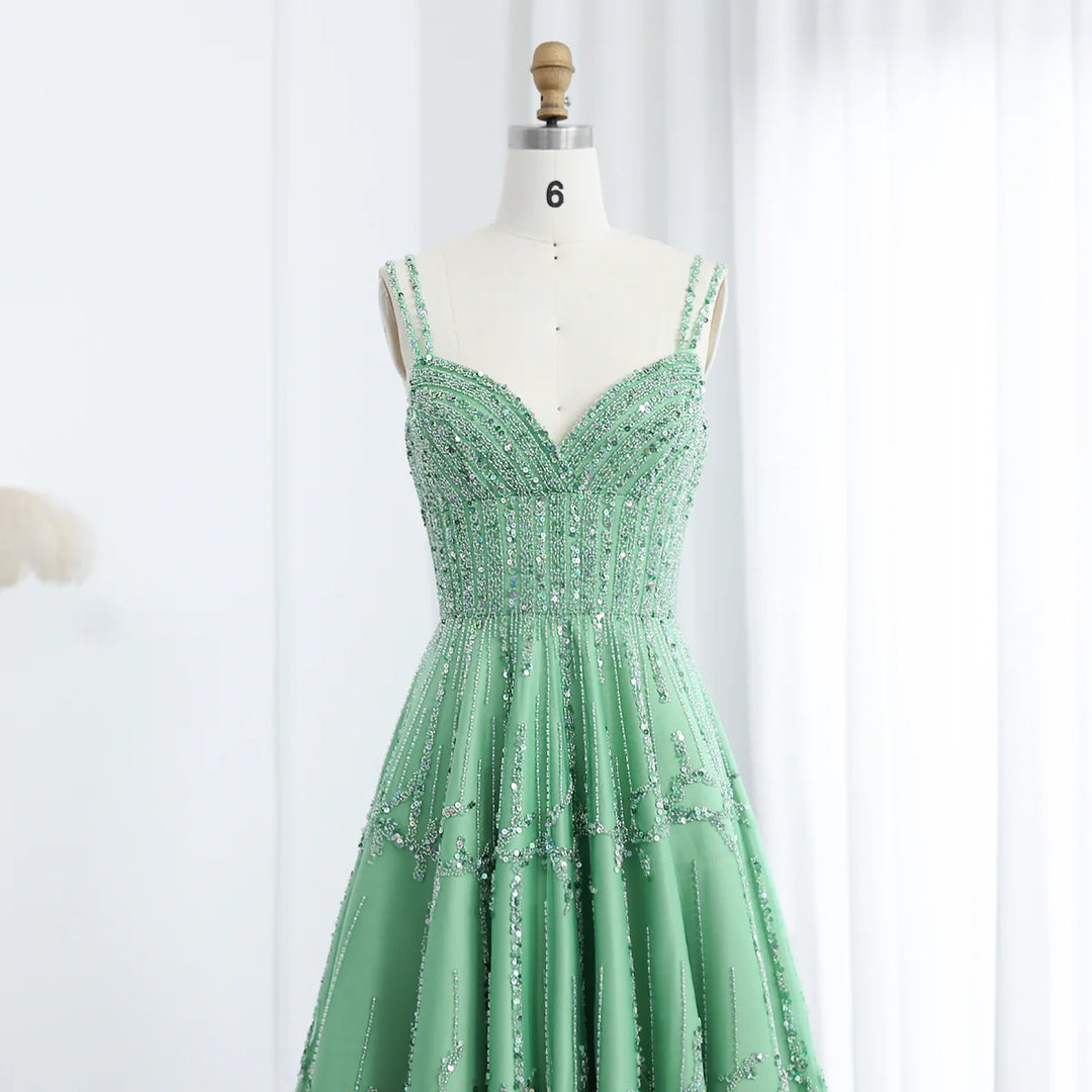 Dreamy Vow Luxury Beaded Dubai Green Evening Dresses with Spaghetti Straps Arabic Women Wedding Party Gowns SS225