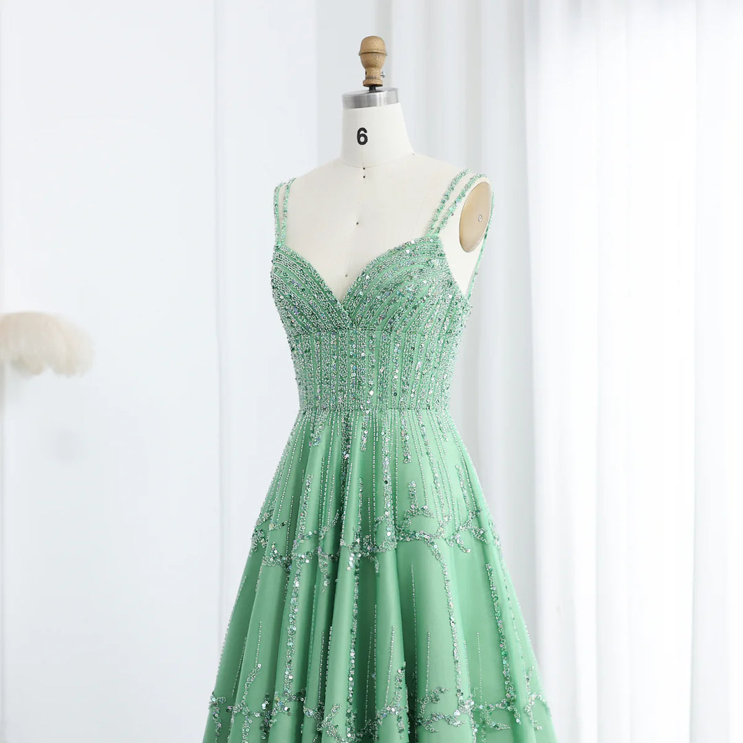 Dreamy Vow Luxury Beaded Dubai Green Evening Dresses with Spaghetti Straps Arabic Women Wedding Party Gowns SS225