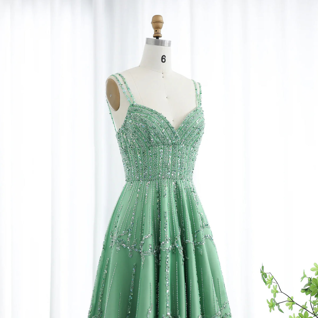 Dreamy Vow Luxury Beaded Dubai Green Evening Dresses with Spaghetti Straps Arabic Women Wedding Party Gowns SS225