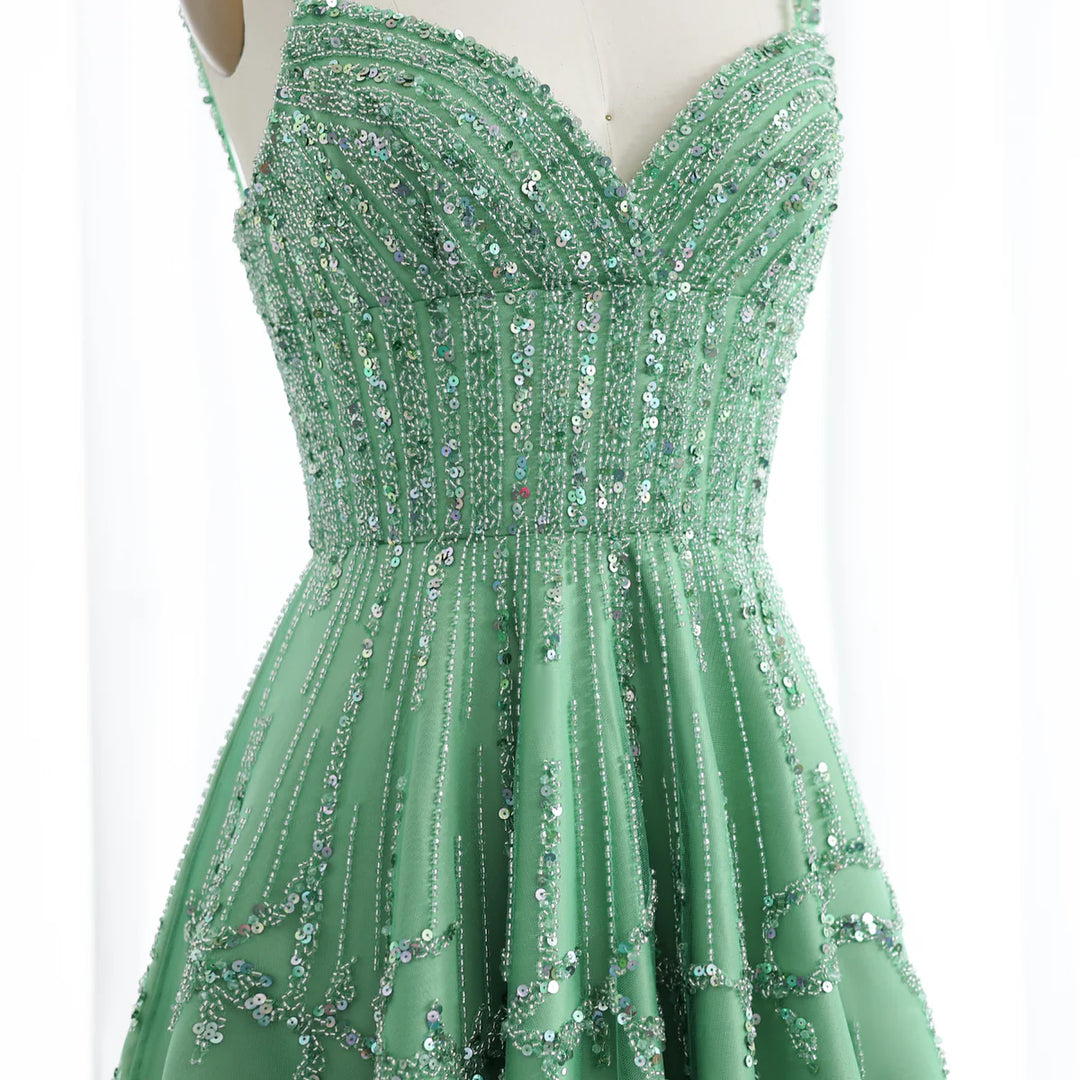 Dreamy Vow Luxury Beaded Dubai Green Evening Dresses with Spaghetti Straps Arabic Women Wedding Party Gowns SS225