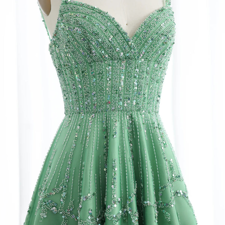 Dreamy Vow Luxury Beaded Dubai Green Evening Dresses with Spaghetti Straps Arabic Women Wedding Party Gowns SS225