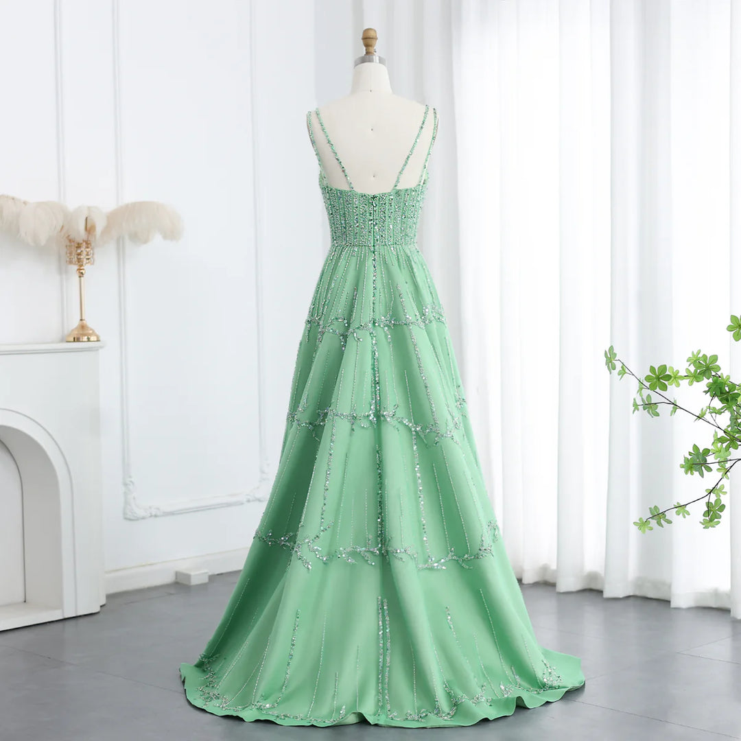 Dreamy Vow Luxury Beaded Dubai Green Evening Dresses with Spaghetti Straps Arabic Women Wedding Party Gowns SS225