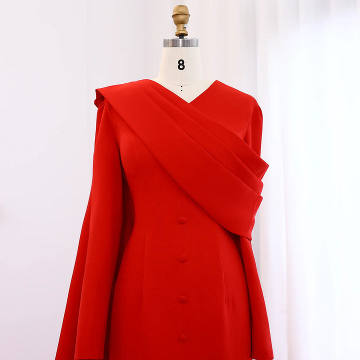 Elegant Red Long Sleeve Evening Dress with Cape SF137