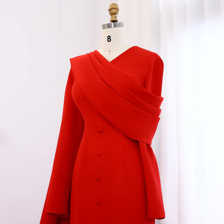 Elegant Red Long Sleeve Evening Dress with Cape SF137