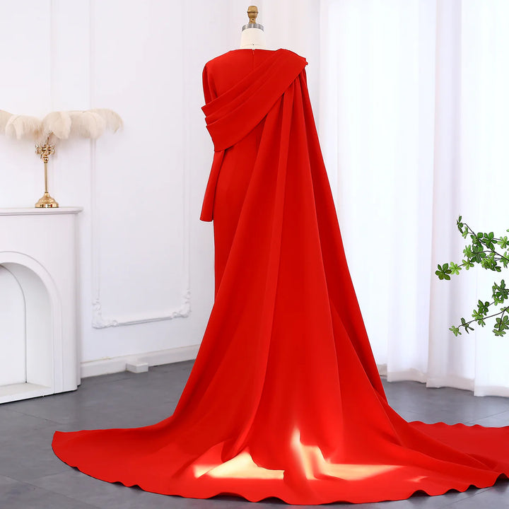 Elegant Red Long Sleeve Evening Dress with Cape SF137