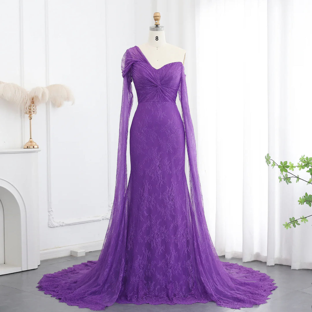 Purple Lace Mermaid Evening Dress with Cape Sleeves SF055