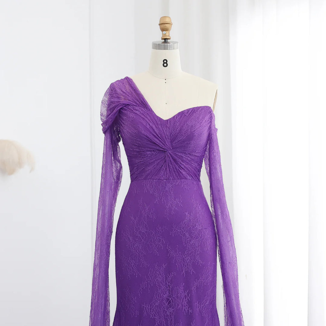 Purple Lace Mermaid Evening Dress with Cape Sleeves SF055