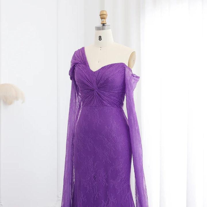 Purple Lace Mermaid Evening Dress with Cape Sleeves SF055