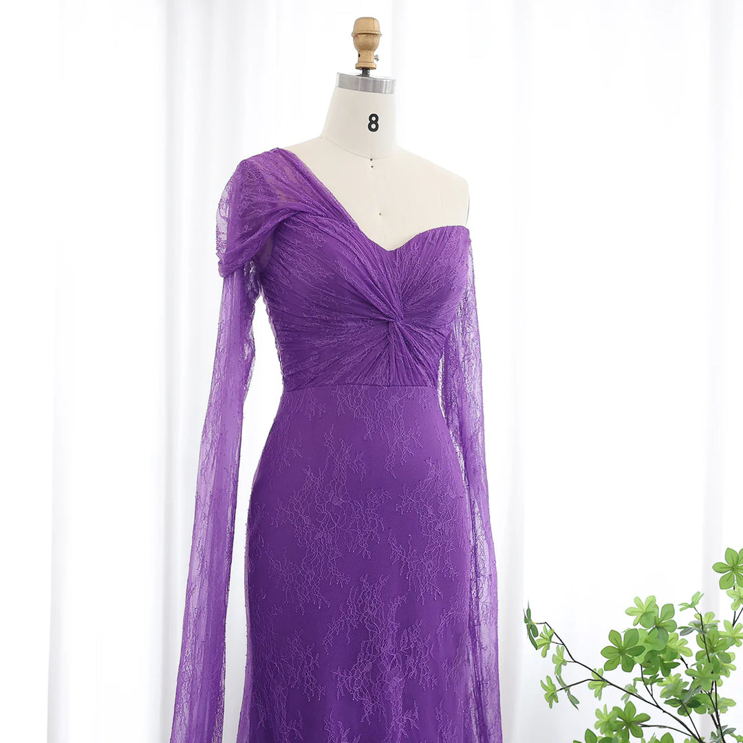 Purple Lace Mermaid Evening Dress with Cape Sleeves SF055