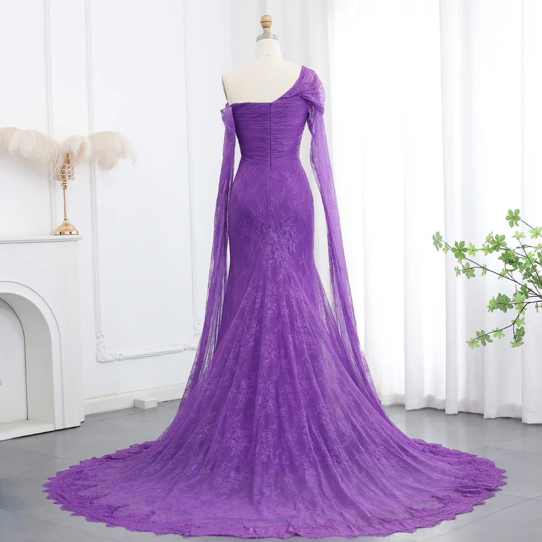 Purple Lace Mermaid Evening Dress with Cape Sleeves SF055