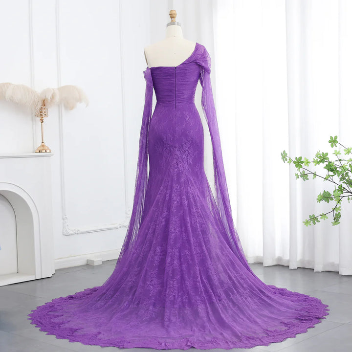 Purple Lace Mermaid Evening Dress with Cape Sleeves SF055