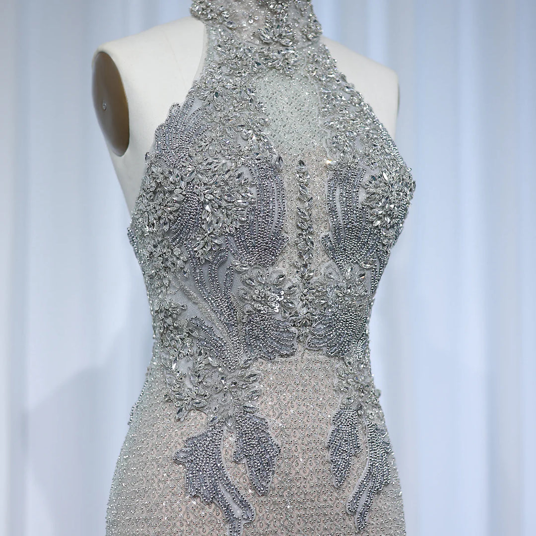 Dreamy Vow Luxury Halter Silver Nude Beaded Evening Dress SS408