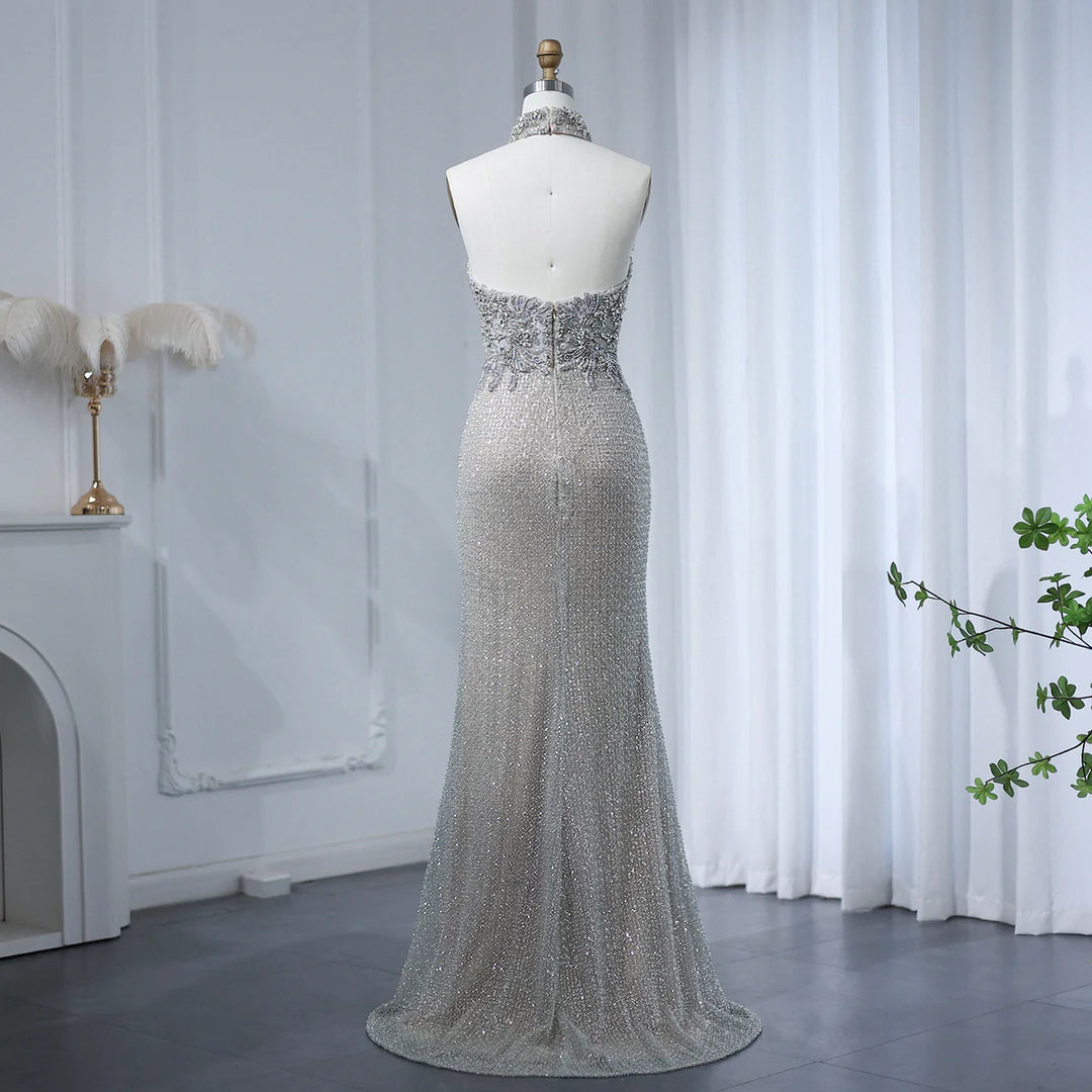 Dreamy Vow Luxury Halter Silver Nude Beaded Evening Dress SS408