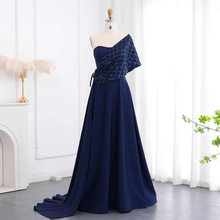 Dreamy Vow Elegant Off Shoulder Navy Blue Evening Dress with Cape SF204