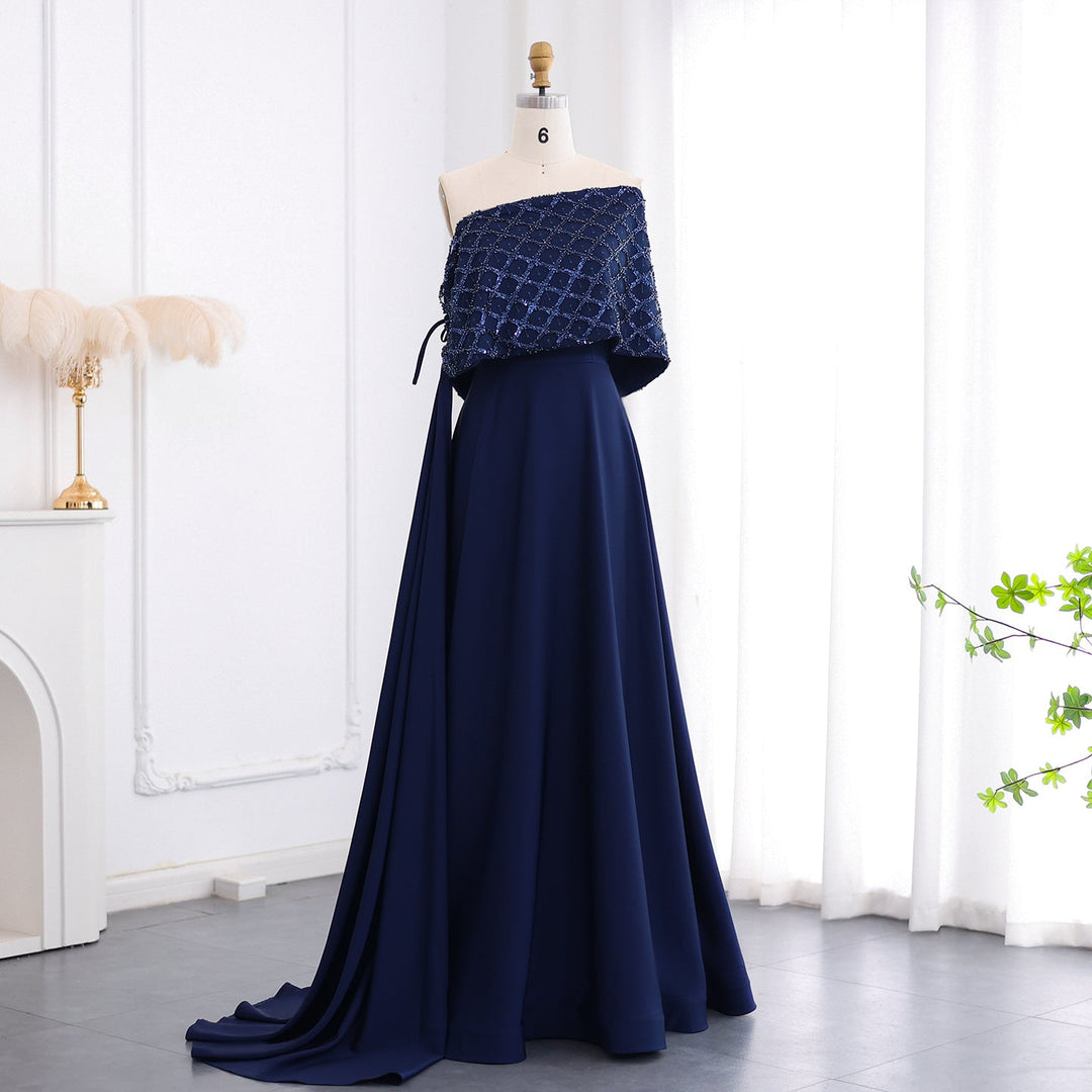 Dreamy Vow Elegant Off Shoulder Navy Blue Evening Dress with Cape SF204