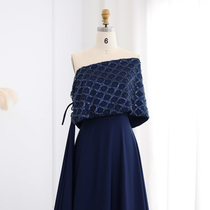 Dreamy Vow Elegant Off Shoulder Navy Blue Evening Dress with Cape SF204