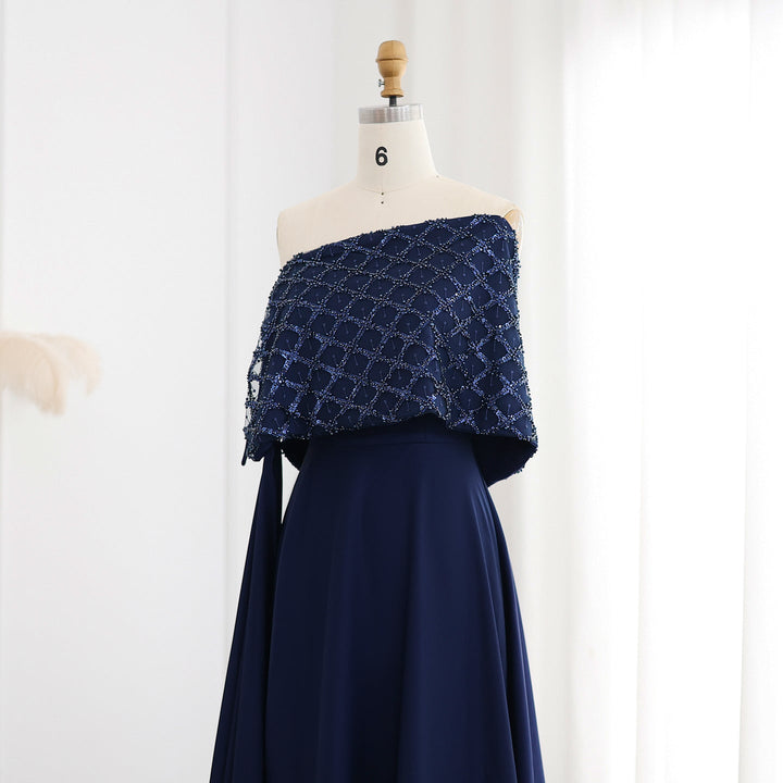 Dreamy Vow Elegant Off Shoulder Navy Blue Evening Dress with Cape SF204